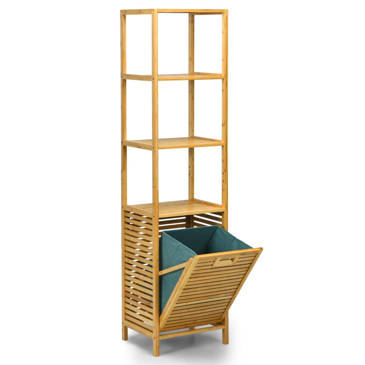CostwayColonne pour Salle de Bain avec Panier à Linge Basculant et 3 Etagères de Rangement Meuble en Bambou et Toile d'Oxford